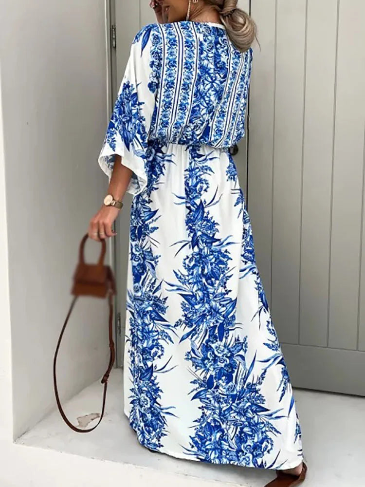 FashionSierra - 2024 Vintage Spring Pattern Print Deep V-Neck Maxi Boho Dress