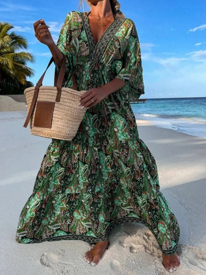 FashionSierra - 2024 Vintage Spring Pattern Print Deep V-Neck Maxi Boho Dress
