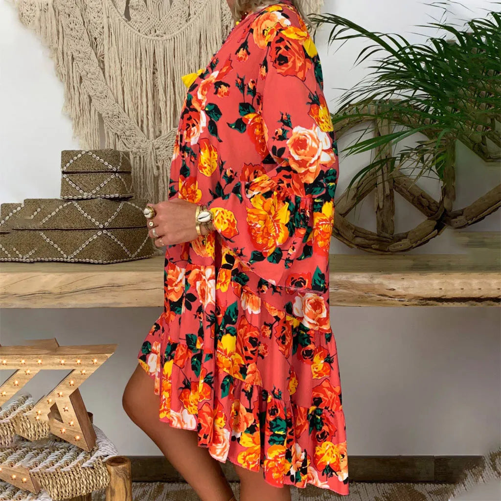 FashionSierra - 2024 Elegant Sexy Long Sleeve Floral V-Neck Boho Dress