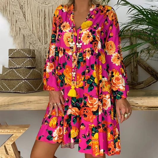 FashionSierra - 2024 Elegant Sexy Long Sleeve Floral V-Neck Boho Dress