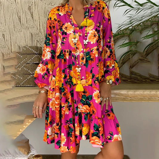 FashionSierra - 2024 Elegant Sexy Long Sleeve Floral V-Neck Boho Dress