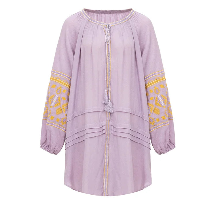 FashionSierra-Cotton  Floral Embroidery  O-neck  Tassel  Lantern Long Sleeve  Vintage  Shirt  Casual  Holiday Boho Dress
