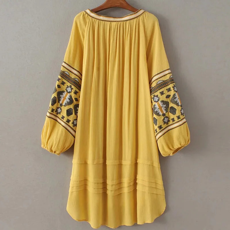 FashionSierra - 2024 Cotton Floral Embroidery O-neck Boho Dress