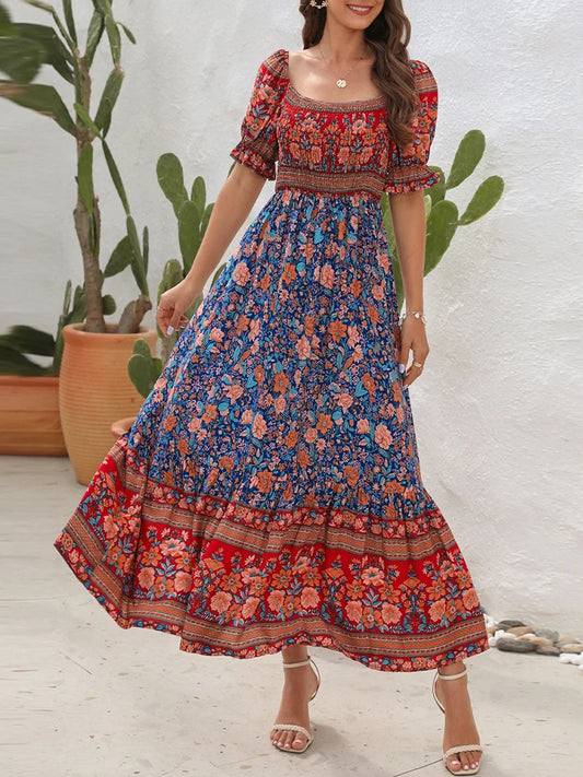 FashionSierra - 2024 Floral Print Square Neck Ruffle Boho Dress