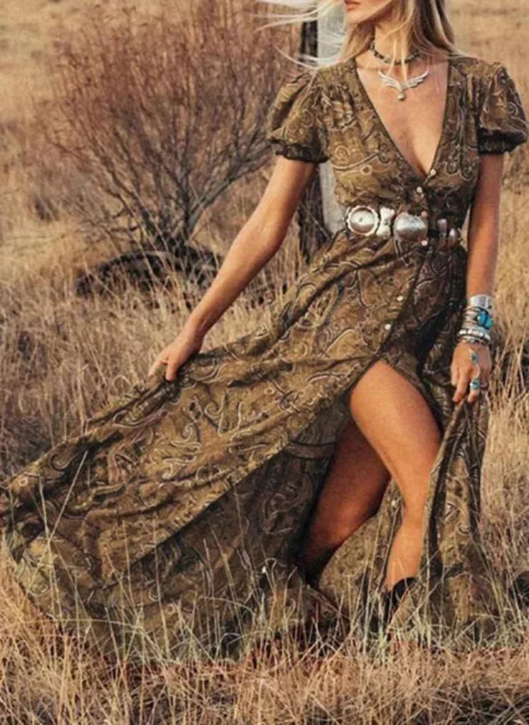 FashionSierra - 2024 Vintage Floral Print Chiffon Gypsy Hippie Boho Dress