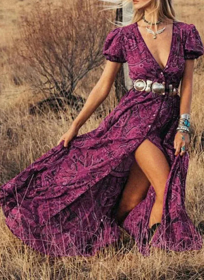 FashionSierra - 2024 Vintage Floral Print Chiffon Gypsy Hippie Boho Dress