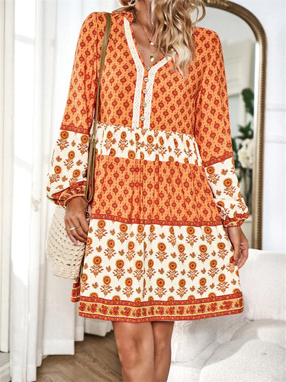 FashionSierra - 2024 Loose Vintage Printed Long Sleeve Mini Boho Dress