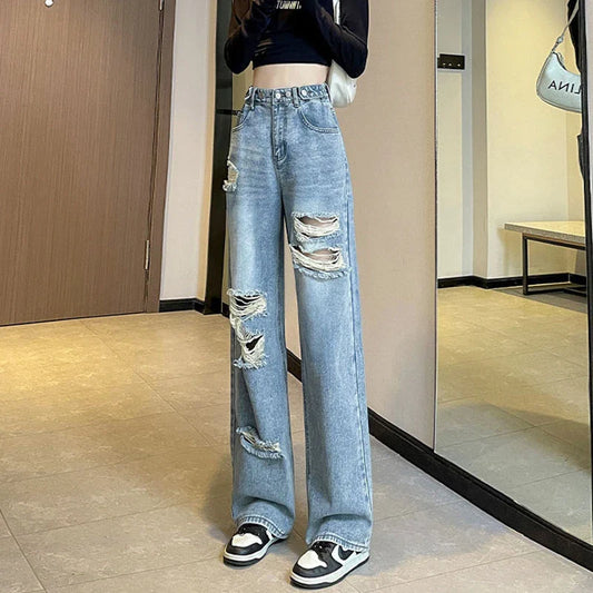 Hole Jeans Female 2024 New Loose High Waist Thin Narrow Version Of Straight Wide-Leg Pants Spring and Fall Jeans