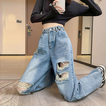 Hole Jeans Female 2024 New Loose High Waist Thin Narrow Version Of Straight Wide-Leg Pants Spring and Fall Jeans