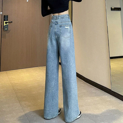 Hole Jeans Female 2024 New Loose High Waist Thin Narrow Version Of Straight Wide-Leg Pants Spring and Fall Jeans