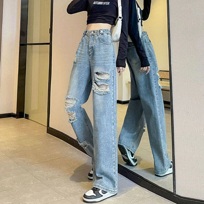 Hole Jeans Female 2024 New Loose High Waist Thin Narrow Version Of Straight Wide-Leg Pants Spring and Fall Jeans