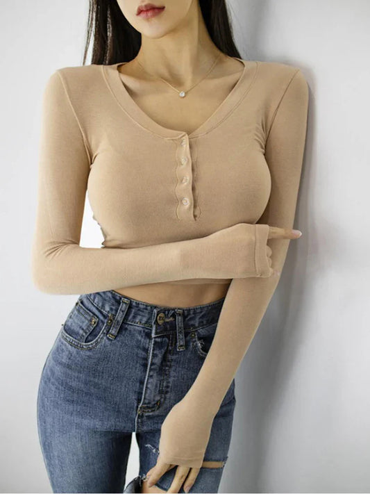 FashionSierra - Button V-Neck Crop Top Female Long Sleeve Fashion Solid Color Basic Chic Thin Sweater