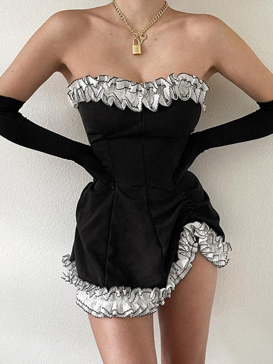 Gloves Detail Strapless Black Mini Dress Black / S Mini Dresses