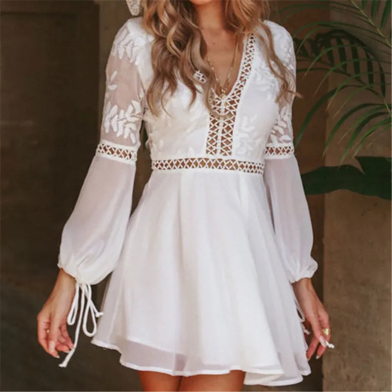 FashionSierra - Elegant Boho Backless Long Sleeve Solid Mini Dress