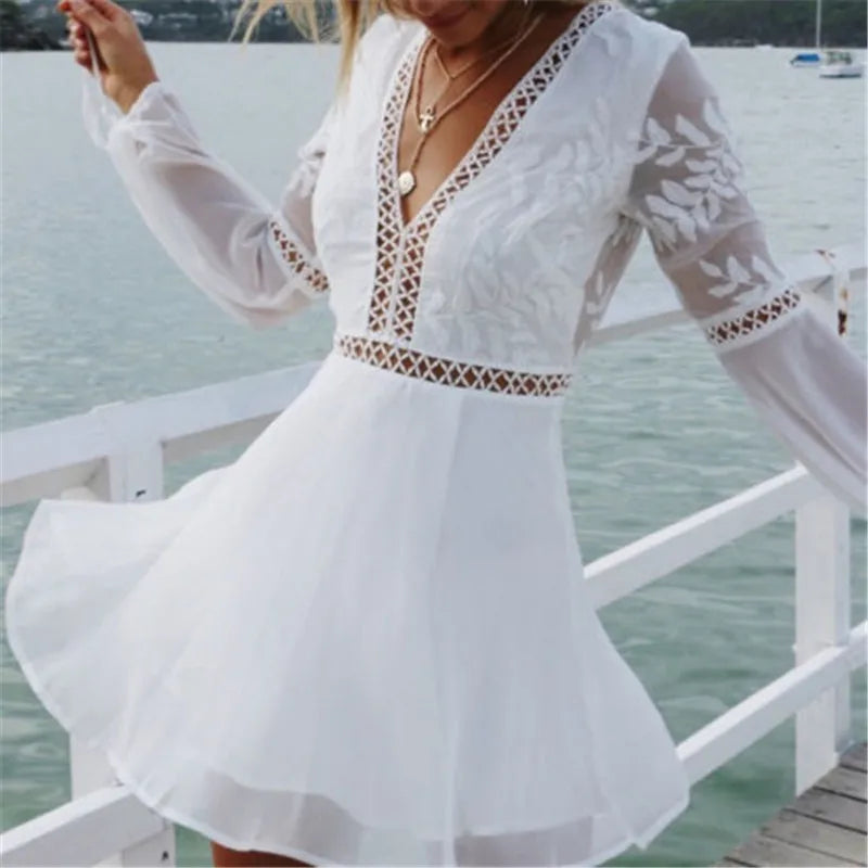 FashionSierra - Elegant Boho Backless Long Sleeve Solid Mini Dress