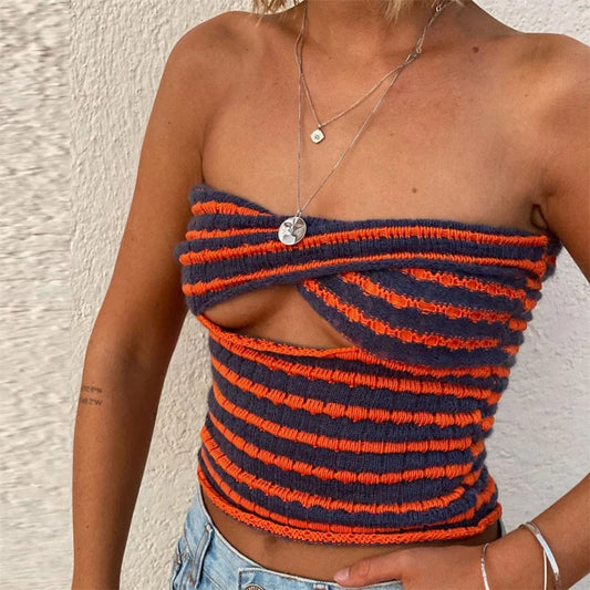 FashionSierra - 2024 Strapless Knitted Tube Top Vest Hollow Out Sleeveless Summer Autumn Backless Y2K Tank Vintage Fashion Crop Tops