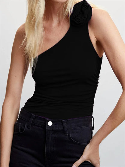 FashionSierra - 2024 Flowers Tank for Women Irregular Neck Off Shoulder Ruched Mini Vest Y2K Summer Camis Streetwear  New Crop Tops