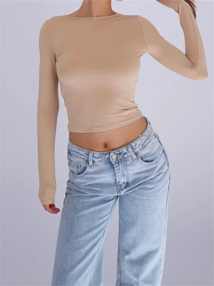FashionSierra - Backless Tie-up Long Sleeve Top for Women Solid Slim Fit Spring Fall Casual Streetwear Tee