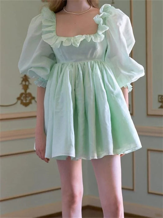 Cute Solid Color Short Sleeve Square Neck Mini Dress