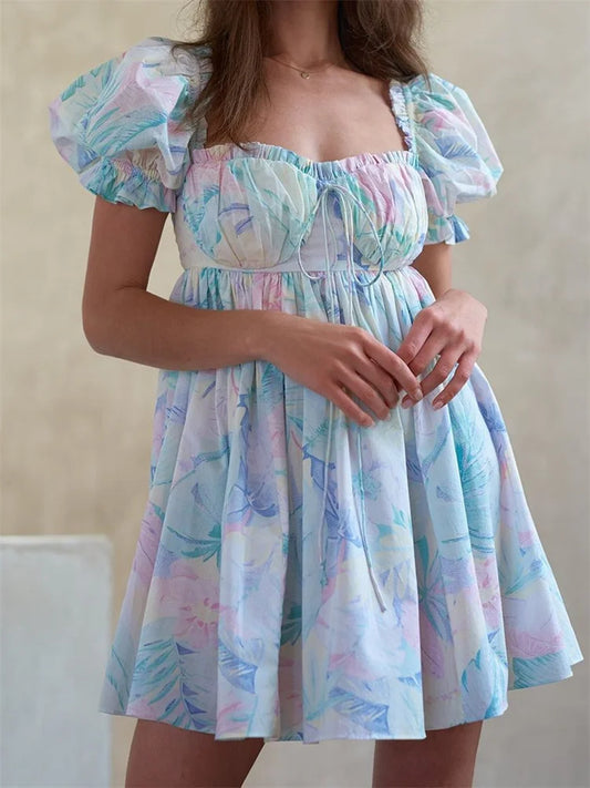 FashionSierra - Casual Short Puff Sleeve High Waist Mini Dress