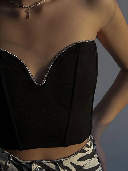 FashionSierra - 2024 Diamonds Patchwork Tube Top Corsets Tank Sexy Party Strapless Off Shoulder Vest  Summer Y2K Crop Tops