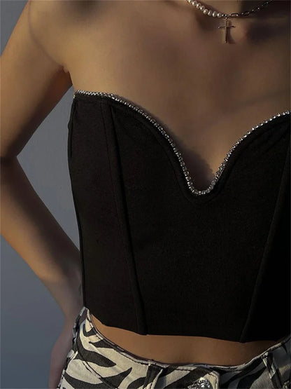 FashionSierra - 2024 Diamonds Patchwork Tube Top Corsets Tank Sexy Party Strapless Off Shoulder Vest  Summer Y2K Crop Tops