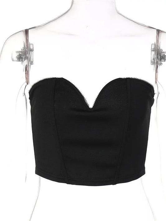 FashionSierra - 2024 Diamonds Patchwork Tube Top Corsets Tank Sexy Party Strapless Off Shoulder Vest  Summer Y2K Crop Tops