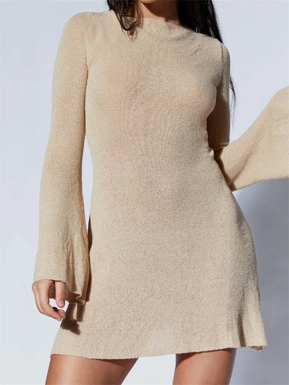 FashionSierra - Elegant Fall Long Flare Sleeve Tie-up Mini Dress