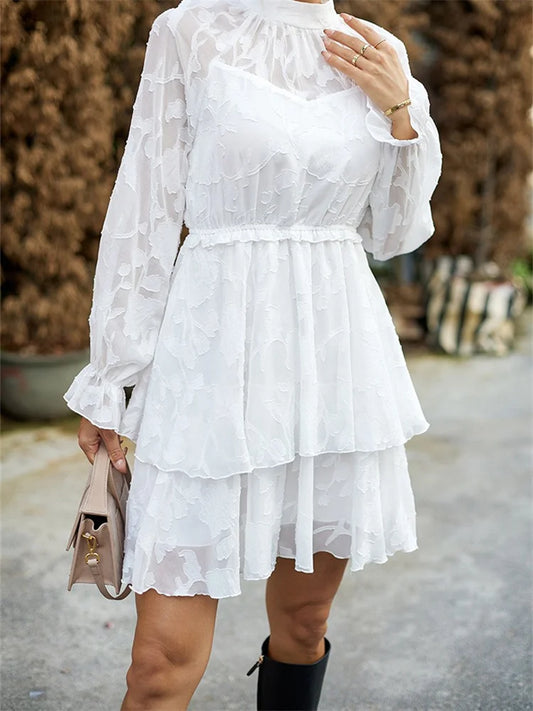 FashionSierra - Elegant High Waist Lace Floral Mesh Long Sleeve Mini Dres