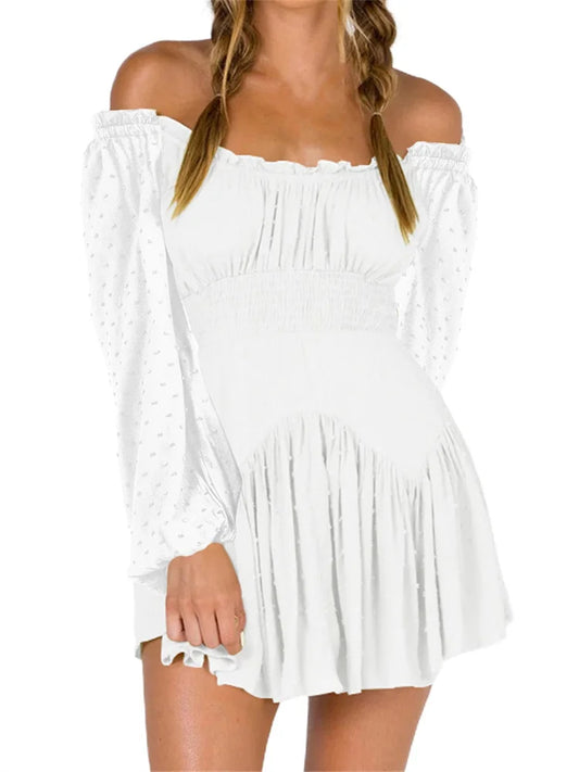 FashionSierra - Elegant Lace Off-shoulder Solid High Waist Long Sleeve Mini Dress