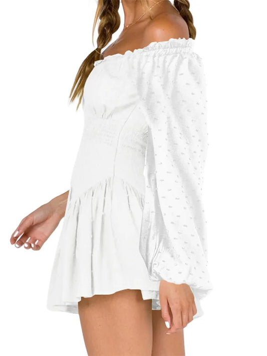 FashionSierra - Elegant Lace Off-shoulder Solid High Waist Long Sleeve Mini Dress