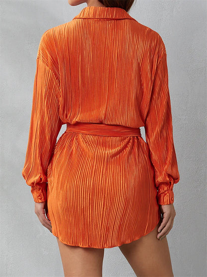 FashionSierra - 2024 Spring Fall Button-down Solid Turn-down Collar Mini Dress