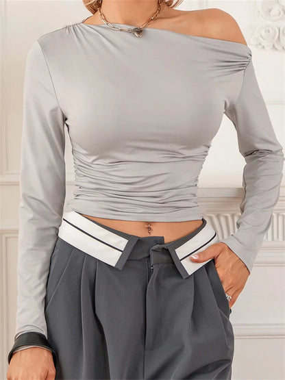 FashionSierra - Fashion Ruched Off Shoulder Casual Solid Color Long Sleeve Streetwear Clubwear Tee