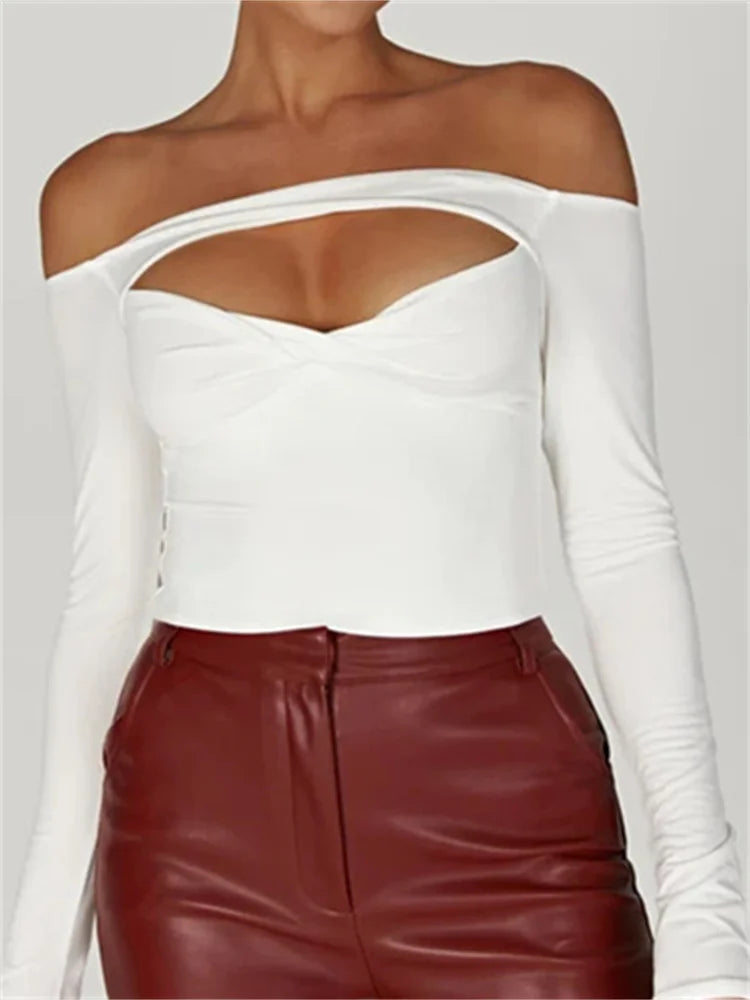 FashionSierra - Front Cutout Sexy Long Sleeve Streetwear Slash Neck Off Shoulder Bodycon Solid Tee