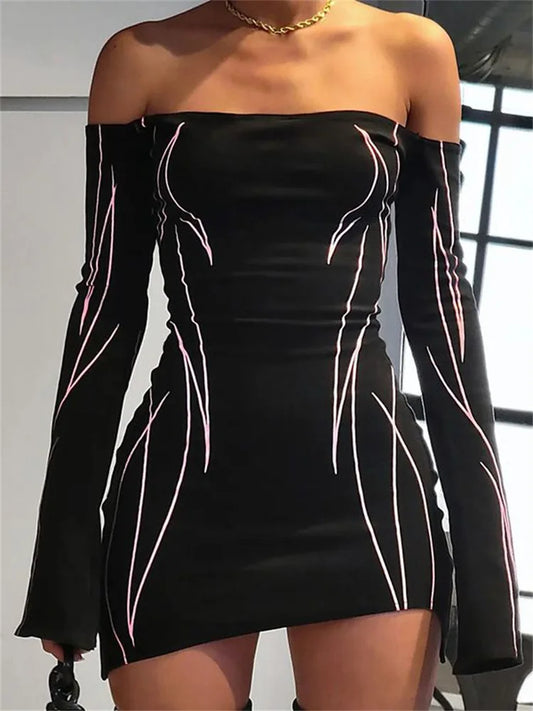 FashionSierra - Gothic Black Off Shoulder Long Sleeve Mini Dress