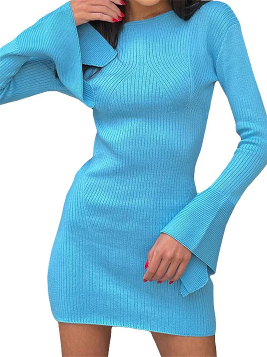 Knitted Ribbed Long Flare Sleeve Round Neck Mini Dress
