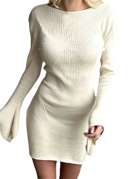 FashionSierra - Knitted Ribbed Long Flare Sleeve Round Neck Mini Dress