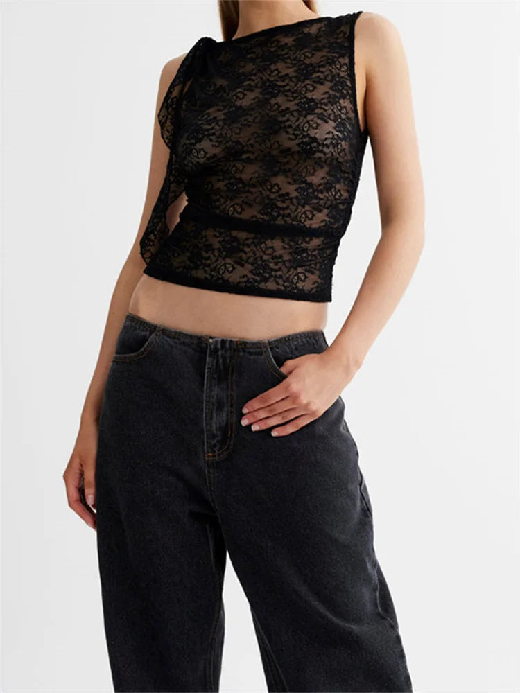FashionSierra - 2024 Lace Floral See Through Tank for Women Mesh Sheer Sleeveless Tassels Sexy Black Slim Mini Vests Streetwear  Crop Tops