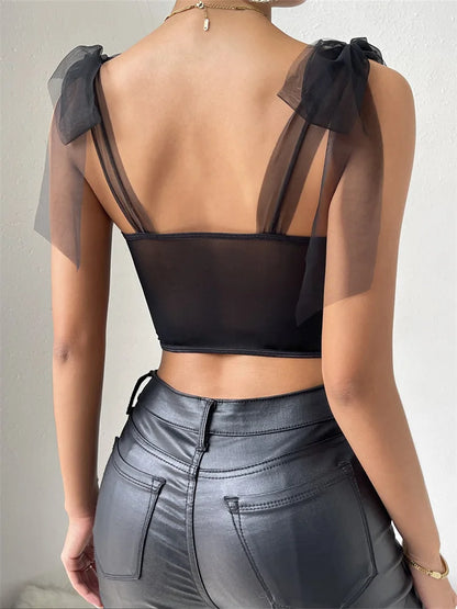FashionSierra - 2024 Mesh See Through Tie-up Strap Camis Ruffles Push Up V-neck Black Mini Vests