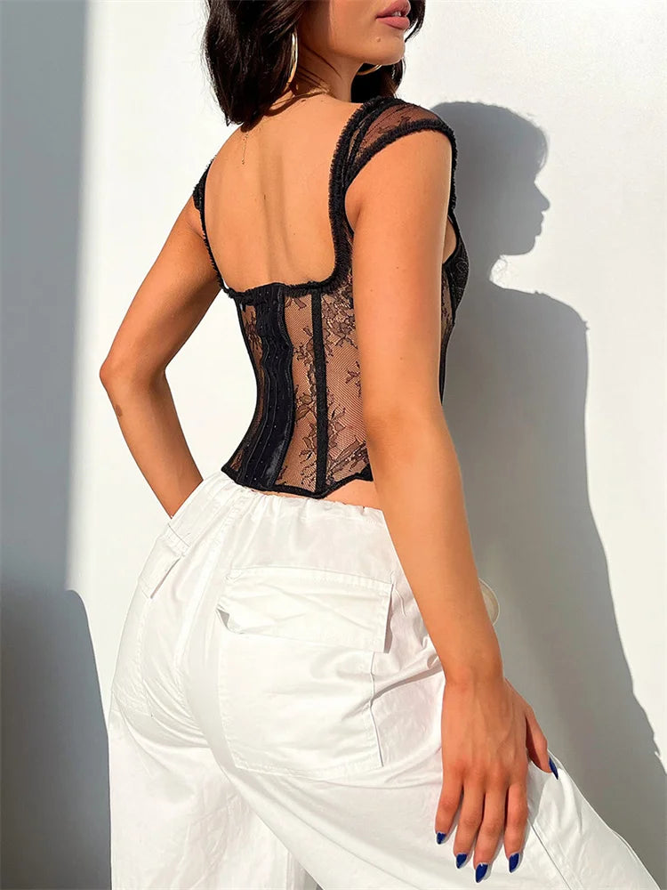 FashionSierra - 2024 Mesh Sheer Bustiers Summer Sleeveless Strap V Neck Vest Women Basic Tank for Party Streetwear Crop Tops
