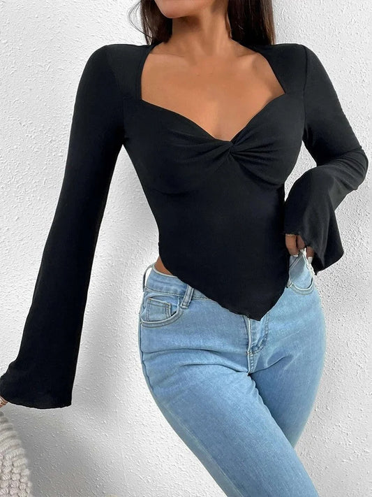 FashionSierra - Long Flare Sleeve V-neck Low Cut for Women Front Ruched Criss-cross Solid Slim Fit Irregular Hem Tee