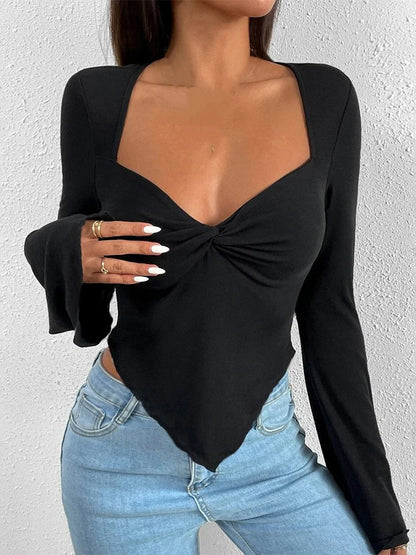 FashionSierra - Long Flare Sleeve V-neck Low Cut for Women Front Ruched Criss-cross Solid Slim Fit Irregular Hem Tee