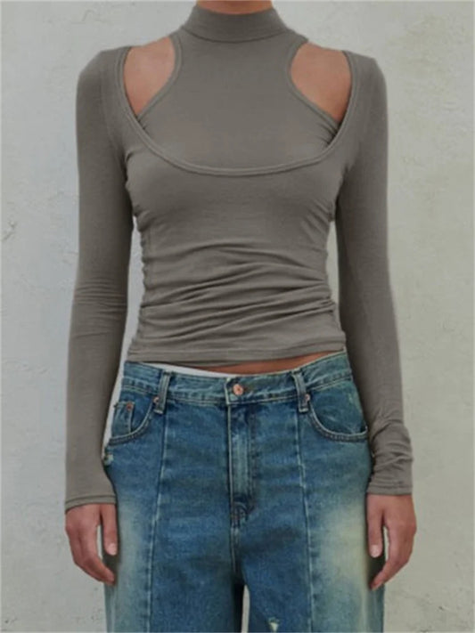 FashionSierra - Low Cut Long Sleeve Slim Fit Off Shoulder Solid Casual Streetwear with High Neck Tank Tee