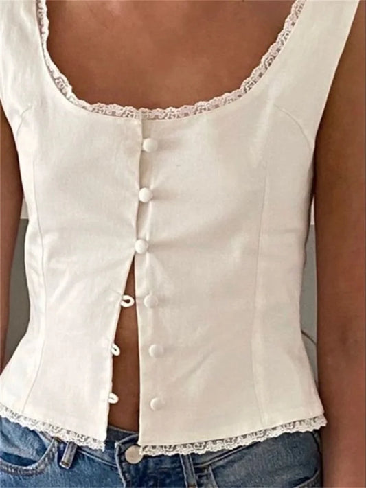 FashionSierra - 2024 Low Cut O-neck Tank Elegant Buttons Up Lace Patchwork White Solid Sleeveless Vest Streetwear Crop Tops