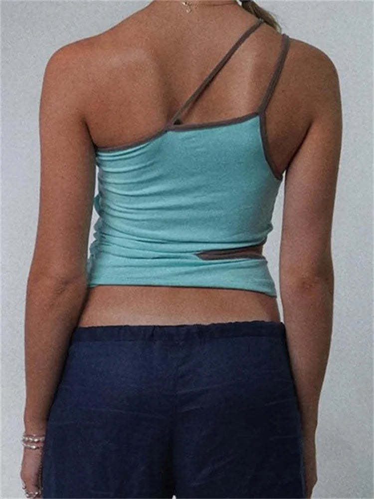 FashionSierra - 2024 Single Strap Hollow Out  Sleeveless Slim Fit Irregular Hem Summer Clubwear Crop Tops