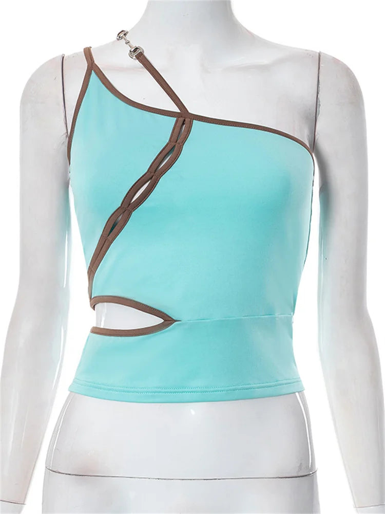FashionSierra - 2024 Single Strap Hollow Out  Sleeveless Slim Fit Irregular Hem Summer Clubwear Crop Tops