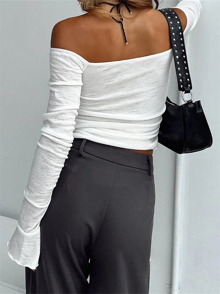 FashionSierra - Off Shoulder Cropped for Women Solid Color Long Sleeve Basic Slash Neck Slim Pullovers Streetwear Tee