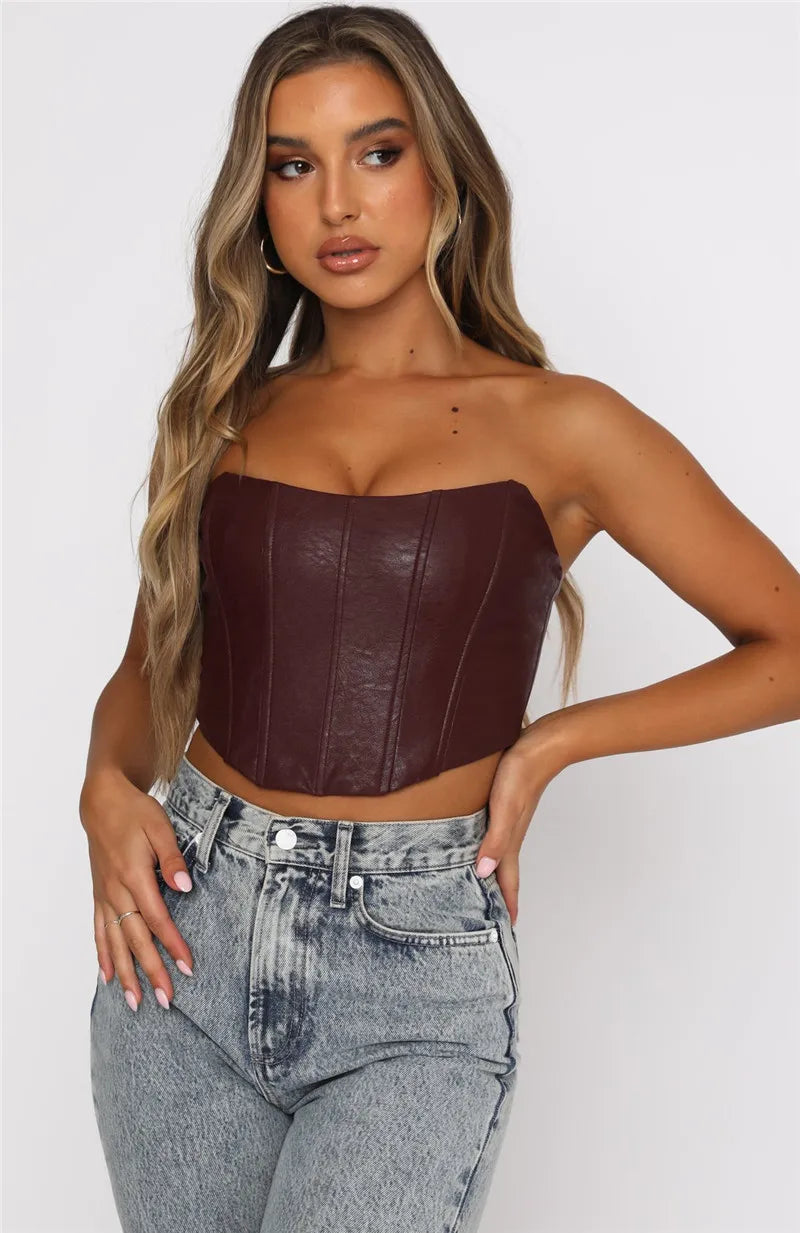 FashionSierra - 2024 PU Leather Tube Bustiers Corsets Strapless Off Shoulder Tank Vest Bodycon Slim Push Up Outwear Crop Tops