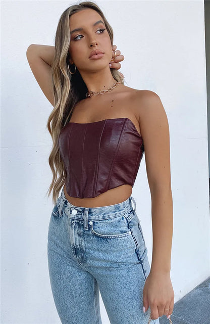 FashionSierra - 2024 PU Leather Tube Bustiers Corsets Strapless Off Shoulder Tank Vest Bodycon Slim Push Up Outwear Crop Tops