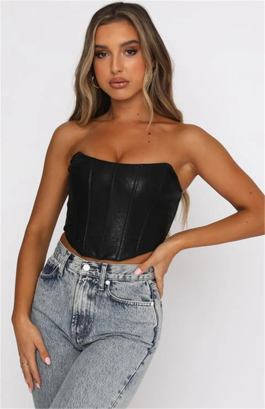 FashionSierra - 2024 PU Leather Tube Bustiers Corsets Strapless Off Shoulder Tank Vest Bodycon Slim Push Up Outwear Crop Tops